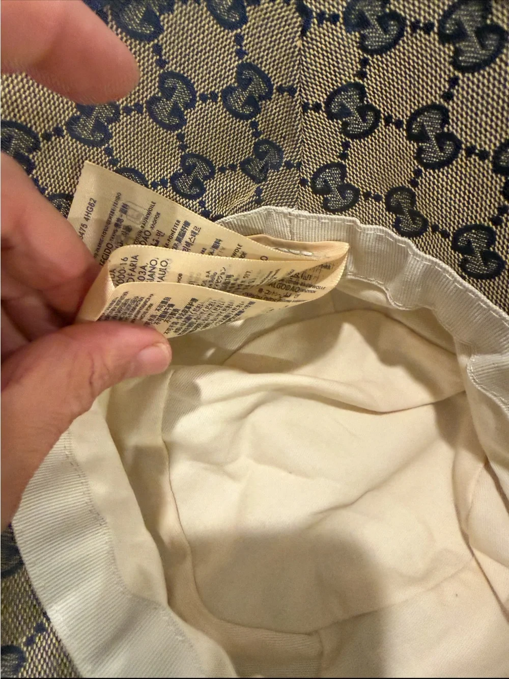 Gucci Beige and Navy GG Monogram Bucket Hat with Gold Double-G
